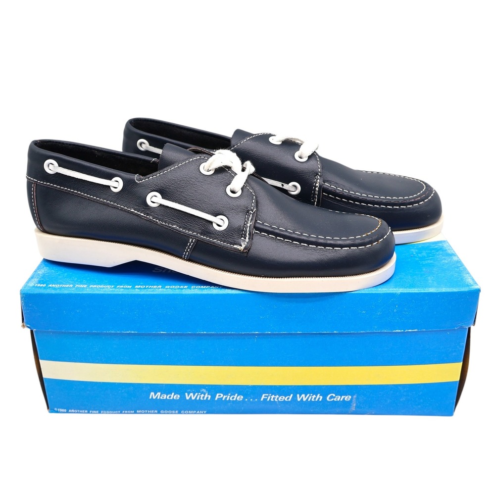Webbs Boat Shoes Kids Size 2 C Vintage 80s Navy Leather Made in USA Deadstock